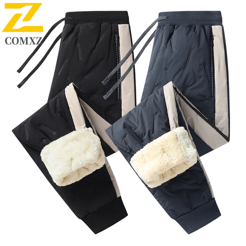 2025 Men's Fleece Pants Elastic Waist Winter Padded Thermal Trousers Puffer Casual Waterproof Windproof Warm Down Cotton Pants