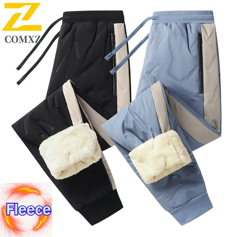 2025 Men's Fleece Pants Elastic Waist Winter Padded Thermal Trousers Puffer Casual Waterproof Windproof Warm Down Cotton Pants